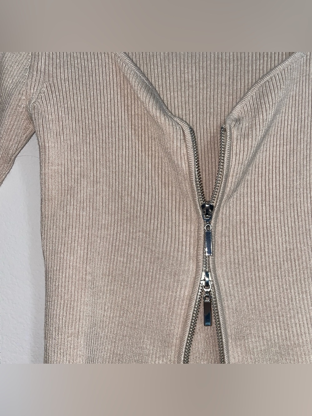 PINK ROSE | Ribbed Zip-Front Top in Beige - Picture 9 of 9
